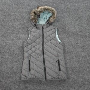 Eddie Bauer Vest Womens XS Grey EB650 Down Puffer‎ Quilted Hooded Faux Fur